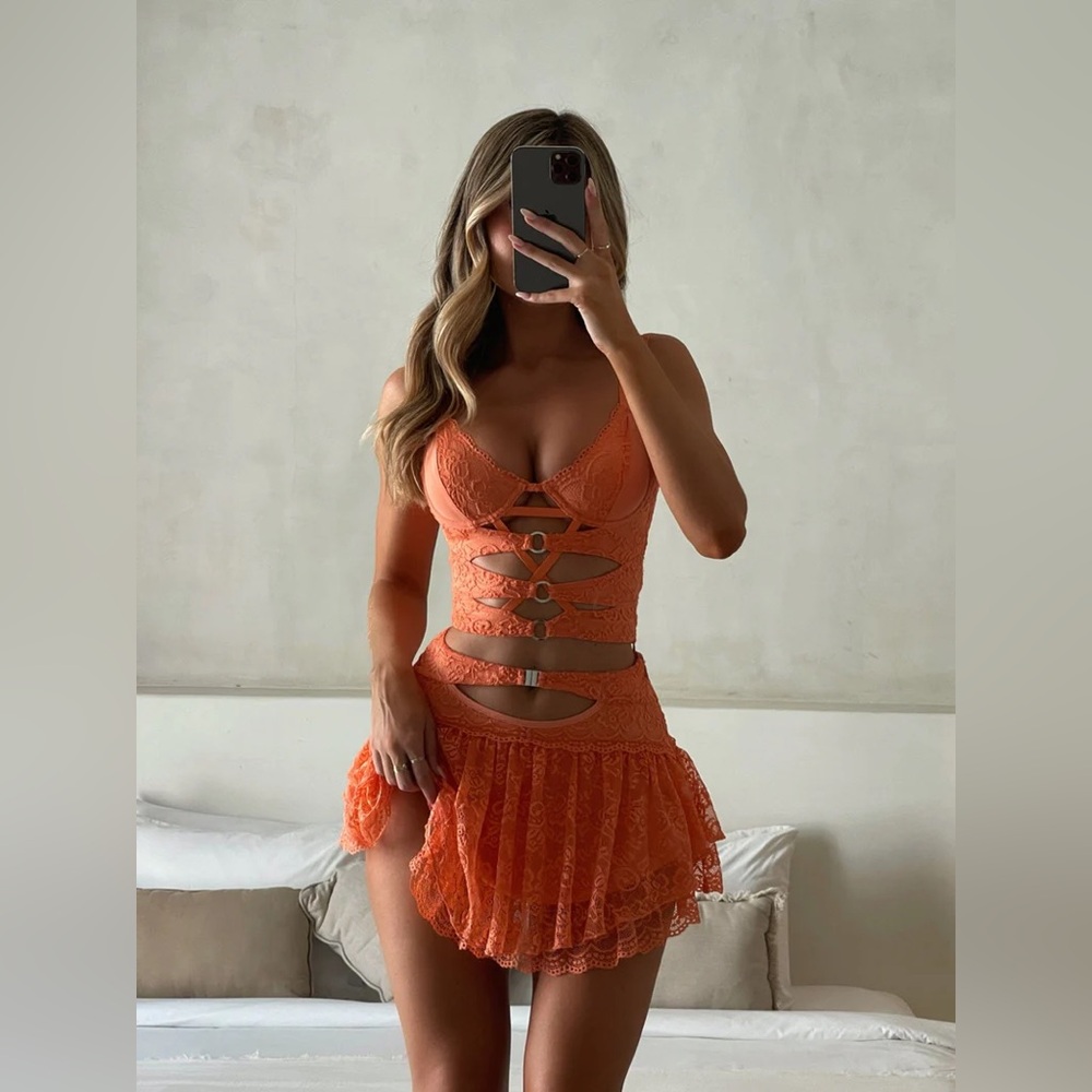 SOLD VIRAL Outcast Orange Ruffled Bustier and Mini Skirt Co-ord Set